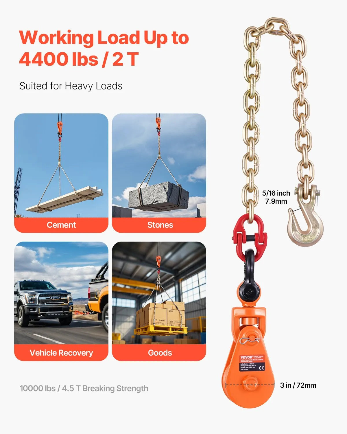VEVOR 2 Ton 3" Snatch Block Chain Flatbed Tow Truck Rollback Car Carrier Cable