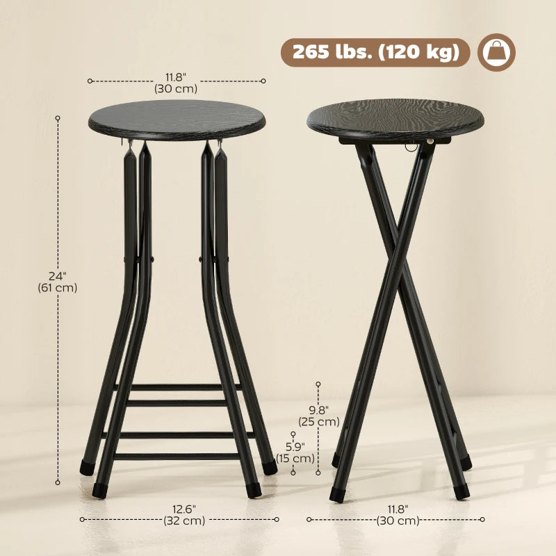 Set of 2 Foldable Barstools, Counter Height Bar Stools with Footrest and Steel Legs for Kitchen Island, Black