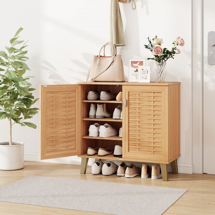 2-Door 4-Tier Shoe Cabinet Storage Organizer with Ventilated Woven Doors-Teak