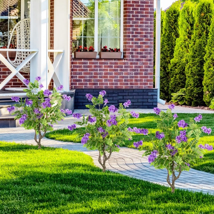 2 Pack Artificial Locust Flower Trees 39 Inch Fake Evergreen Shrubs with Ground Spikes-Purple