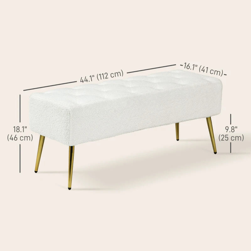 44" Lamb's Wool-Feel Upholstered Bedroom Bench, End of Bed Bench with Thick Padded Cushion and Steel Legs, Cream White