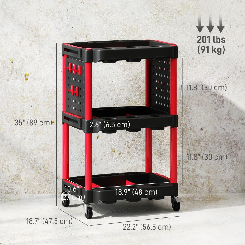 3-Tier Rolling Tool Cart with Wheels, 200 LBS Capacity Plastic Utility Cart for Garage, Warehouse, Workshop, Black & Red