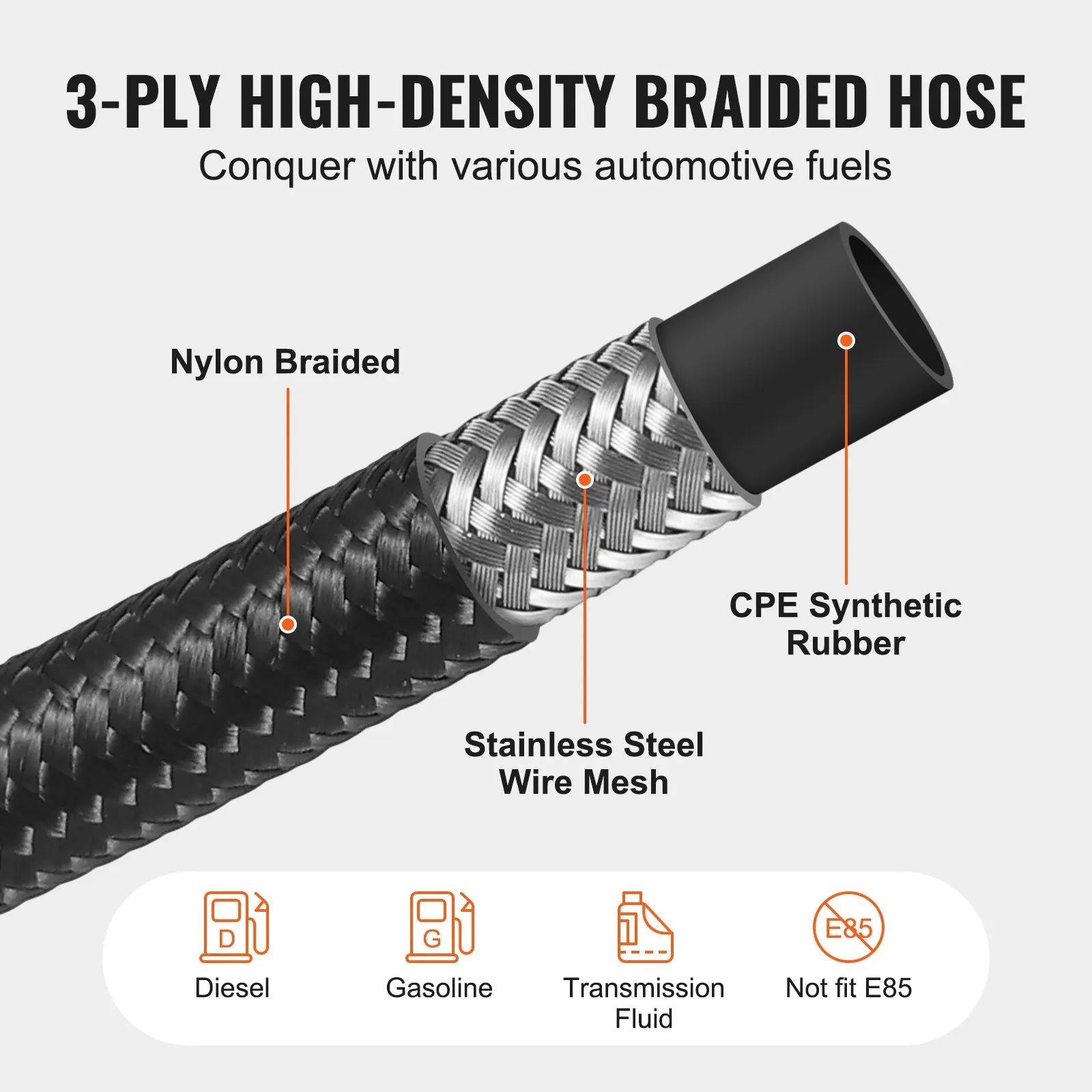 VEVOR 8AN Fuel Line Kit, 20 FT Fuel Hose Kit, 0.43" Nylon Stainless Steel Braided Fuel Line Oil/Gas/Diesel Hose End Fitting Kit, with 12 PCS Swivel Fitting Adapter Kit, Black