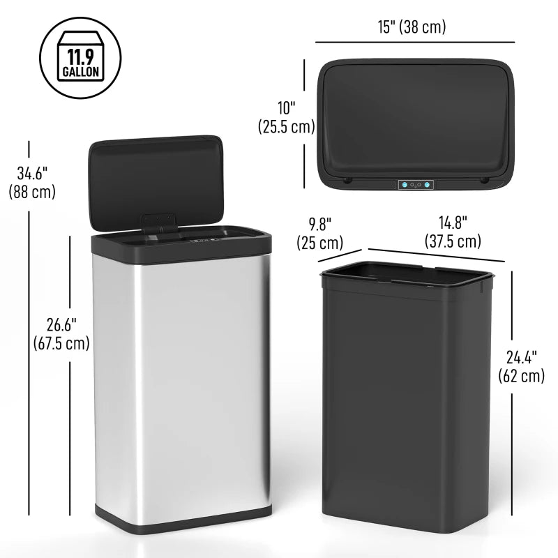 12 Gallon Sensor Can, Automatic Garbage Can with Soft-Close Lid, Fingerprint-Proof Stainless Steel, Silver