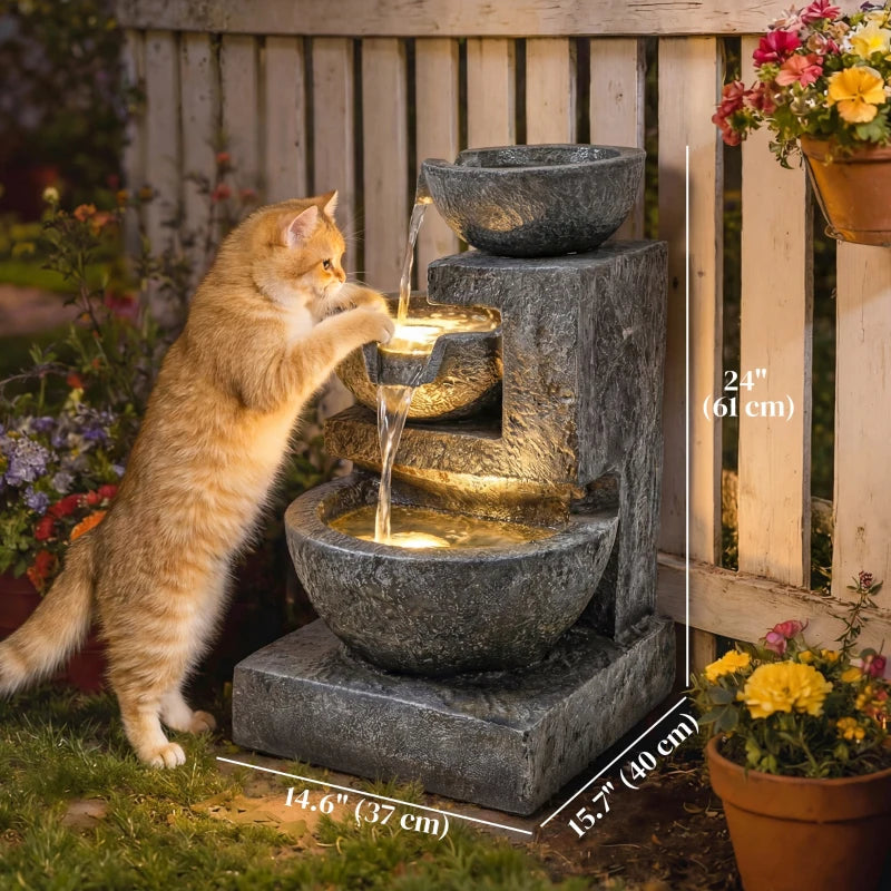 3-Tier Outdoor Water Fountain, Garden Waterfall Fountain with LED Lights and Pump, Indoor Freestanding Resin Waterfall