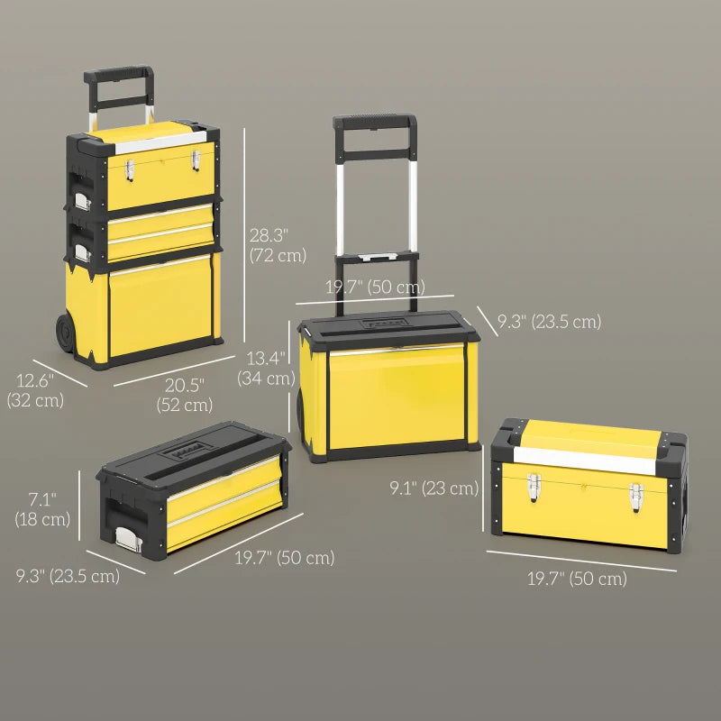 3-in-1 Tool Box with Wheels, Stackable, Modular Steel Toolbox with Tray, Handles, Latches for Workshop, Garage, Yellow