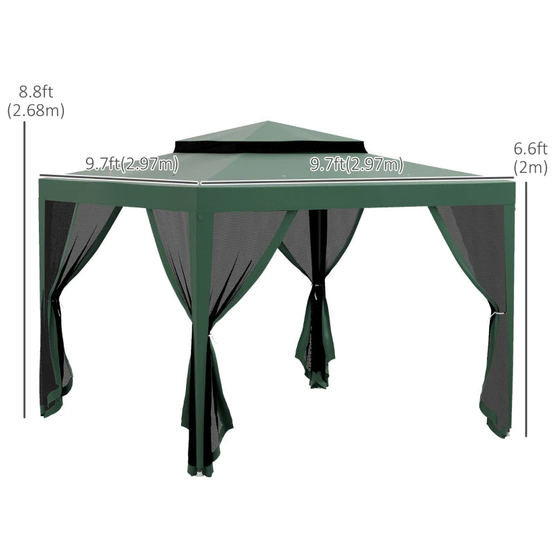 10' x 10' Outdoor Canopy Tent Party Tent with Mesh Netting and Double Tier Roof for Backyard, Garden, Patio, Green