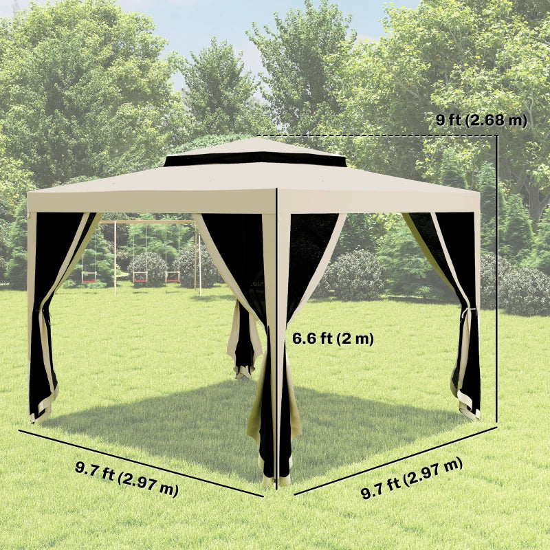 10' x 10' Outdoor Canopy Tent Party Tent with Mesh Netting and Double Tier Roof for Backyard, Garden, Patio, Beige