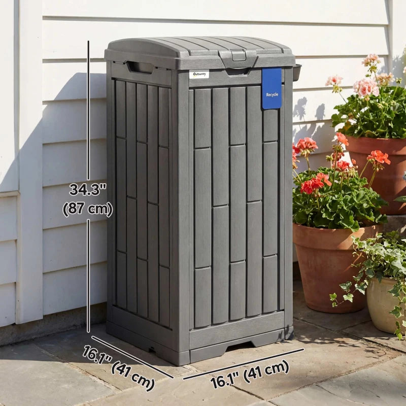 29 Gallon Outdoor Garbage Bin with Dual Lid, Plastic Outdoor Waste Trash Can with Side Holder and Drip Tray, Grey