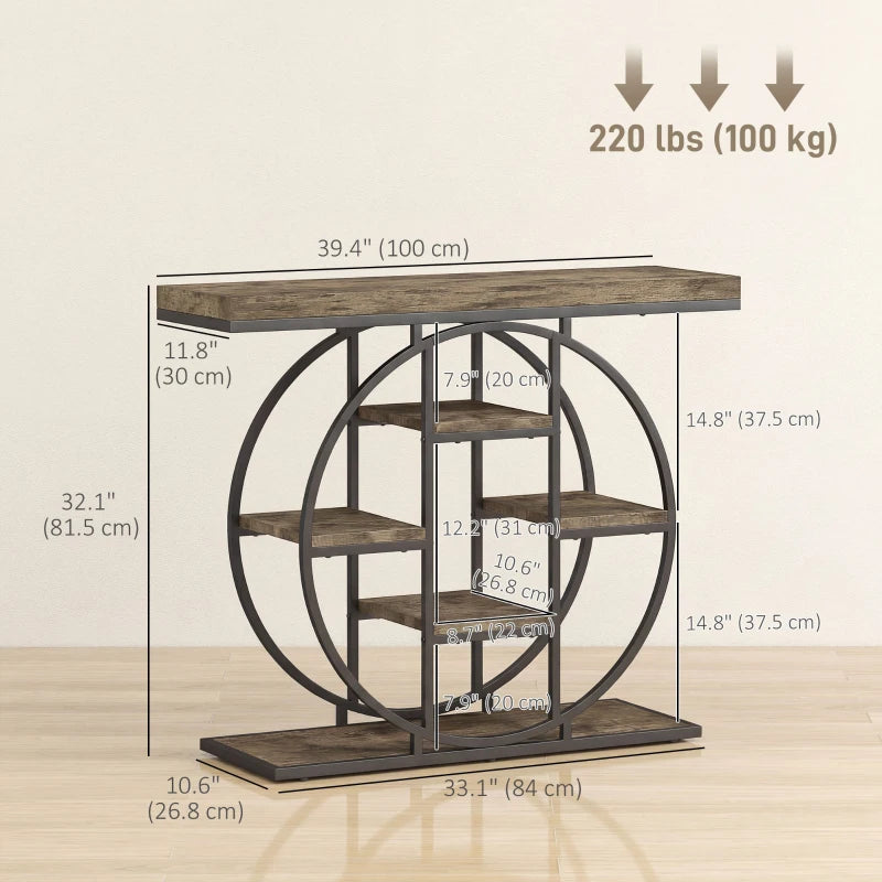 39.4" Console Table with Storage Shelves, Industrial Sofa Table for Living Room, Hallway, Rustic Brown