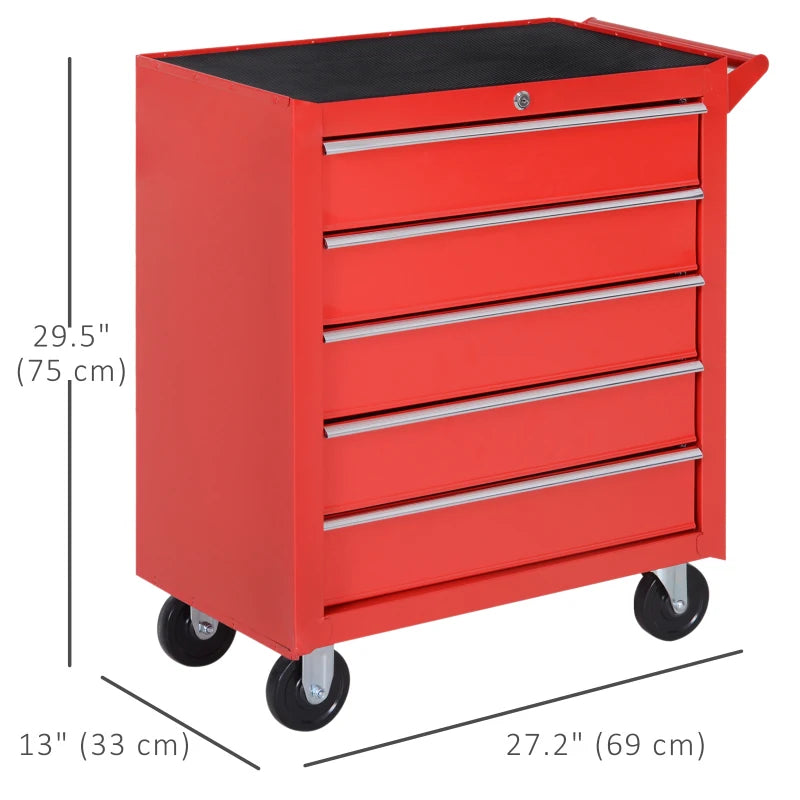 5 Drawer Roller Tool Chest, Mobile Lockable Toolbox, Storage Organizer with Handle for Workshop Mechanics Garage, Red