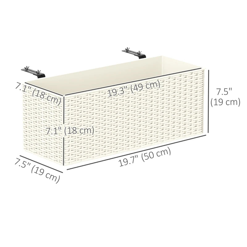 2 Pack 20 Inch Hanging Flower Pots, Railing Planter Box for Fence, Garden, Rattan Look, White
