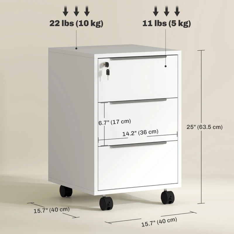 3-Drawer File Cabinet with Wheels, Vertical Filing Cabinet with Lock, White
