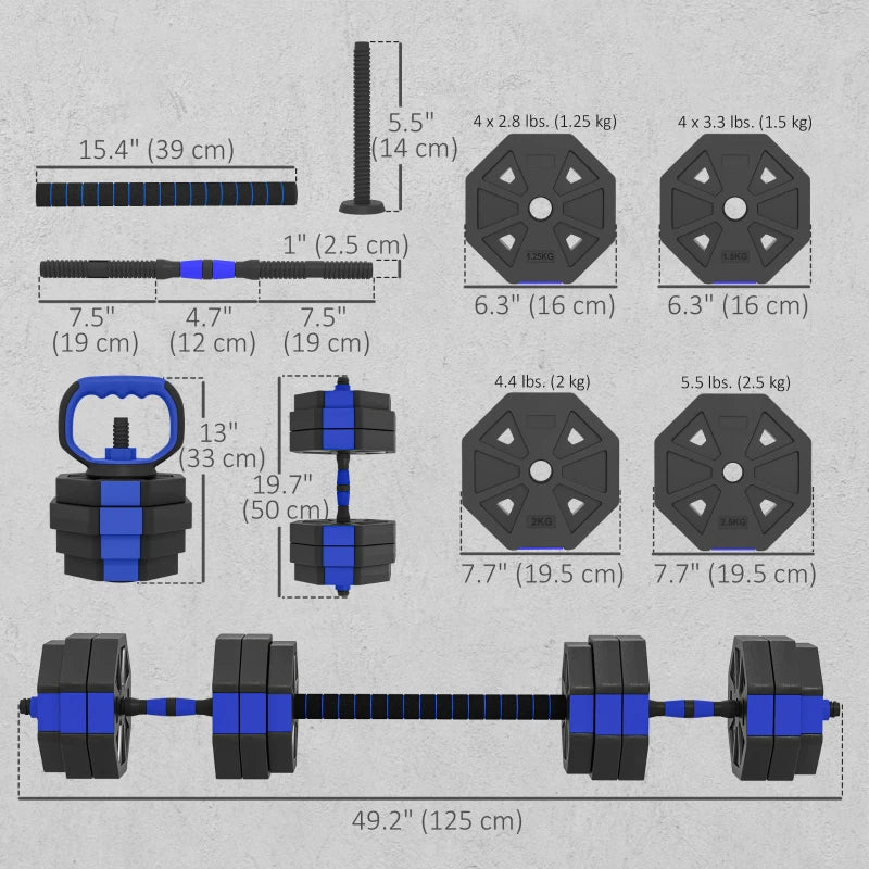 Soozier 6-in-1 Adjustable Dumbbell Set, Used as Kettlebell, Barbell, Dumbbell, Push-Up Stand, 66lbs Free Weights Set, Blue
