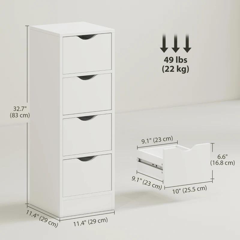 4-Drawer Bathroom Cabinet, Freestanding Narrow Storage Cabinet with Groove Handles for Small Spaces, White