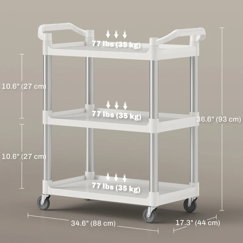 3-Tier Utility Cart Rolling Storage Trolley with 3 Shelves, Silver and White
