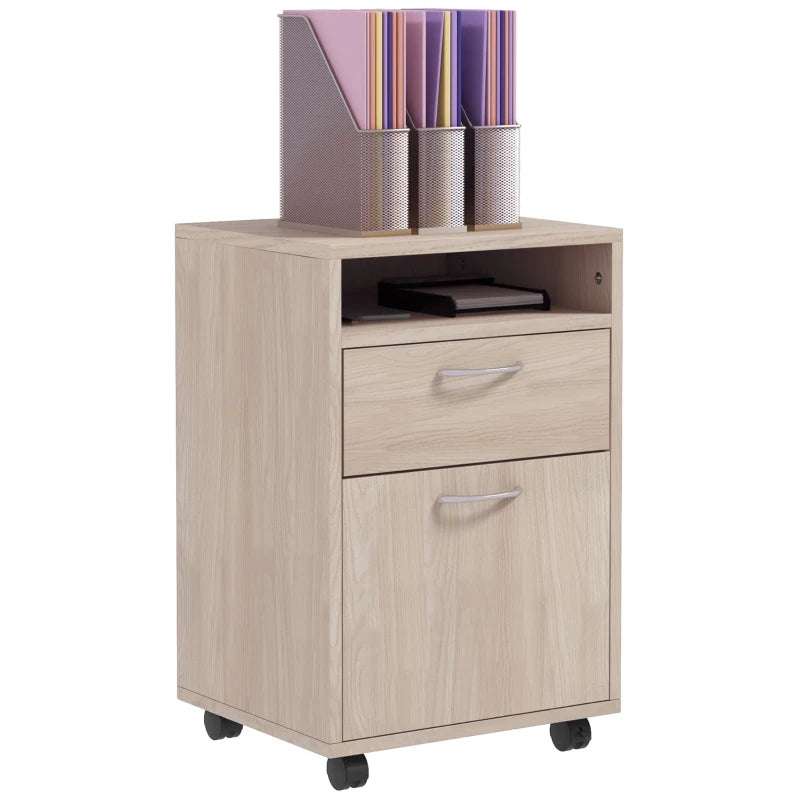 24" Small Filing Cabinet with Open Compartment, Drawer and Wheels, Home Office Storage Cabinet, Oak