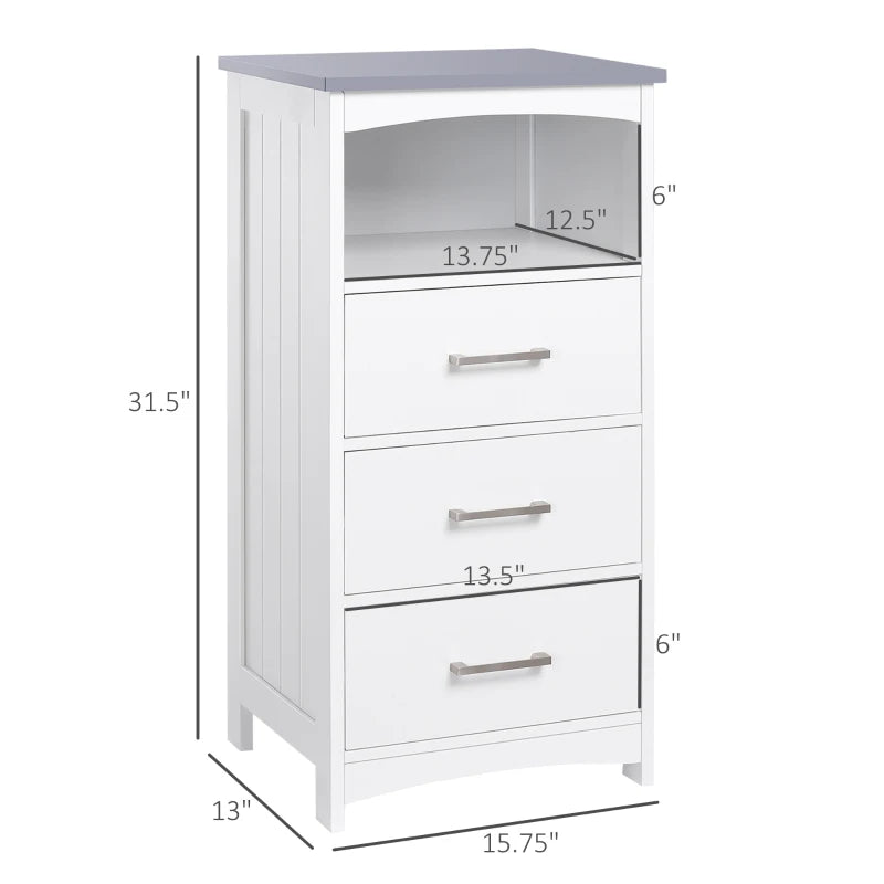 Small Bathroom Storage Cabinet, Floor Cabinet with 3 Drawers and Open Component, Narrow Bathroom Cabinet, White