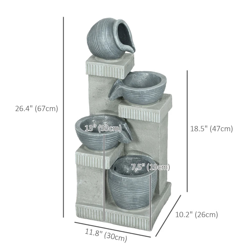 4-Tiered Outdoor Jar and Bowls Water Fountain with LED Lights, Adjustable Flow, 26.4-inch Resin Waterfall Fountain