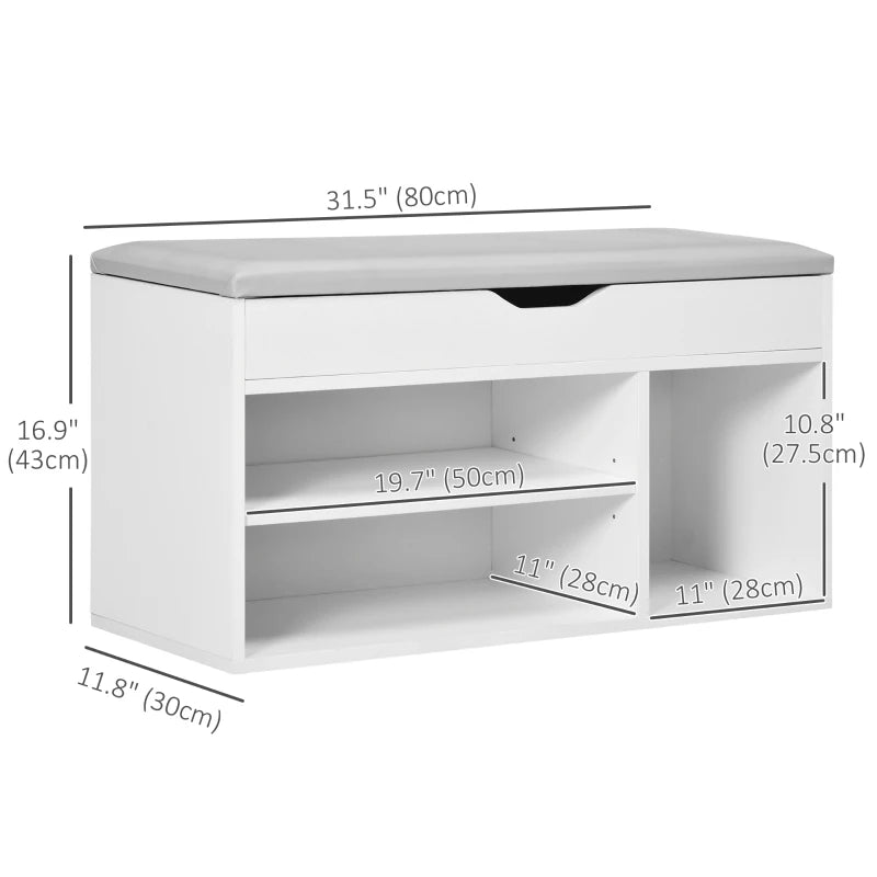 Shoe Bench Entryway Storage Rack with Padded Cushion, Hidden Storage for Hallway, Living Room, White