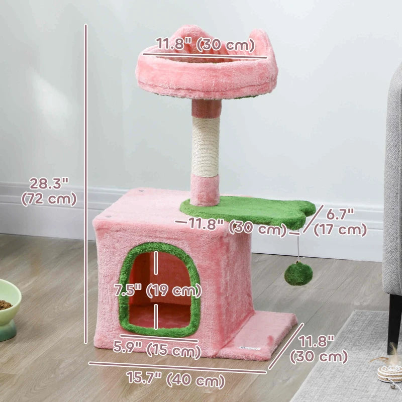 28" Cat Tree Tower with Plush Top Bed, Cozy Condo, Sisal Scratching Post, Perch, Dangling Ball, Pink & Green