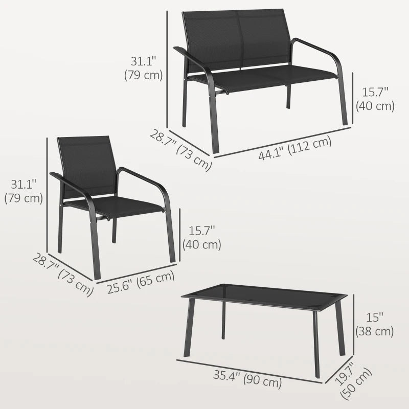 4 Piece Patio Furniture Set, Outdoor Conversation Set with Deep Seat, Loveseats, Armchairs, Glass-Top Table, Black
