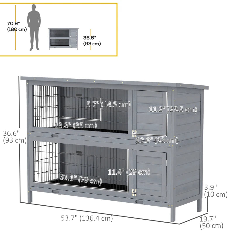 2 Tier Wooden Rabbit Hutch Bunny Pet House Wooden Coop Run, Grey
