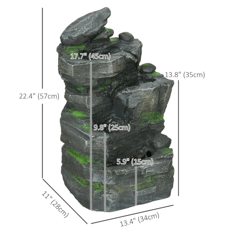 4-Tiered Rock Outdoor Water Fountain with LED Lights, Adjustable Flow, 22.4-inch Resin Waterfall Fountain