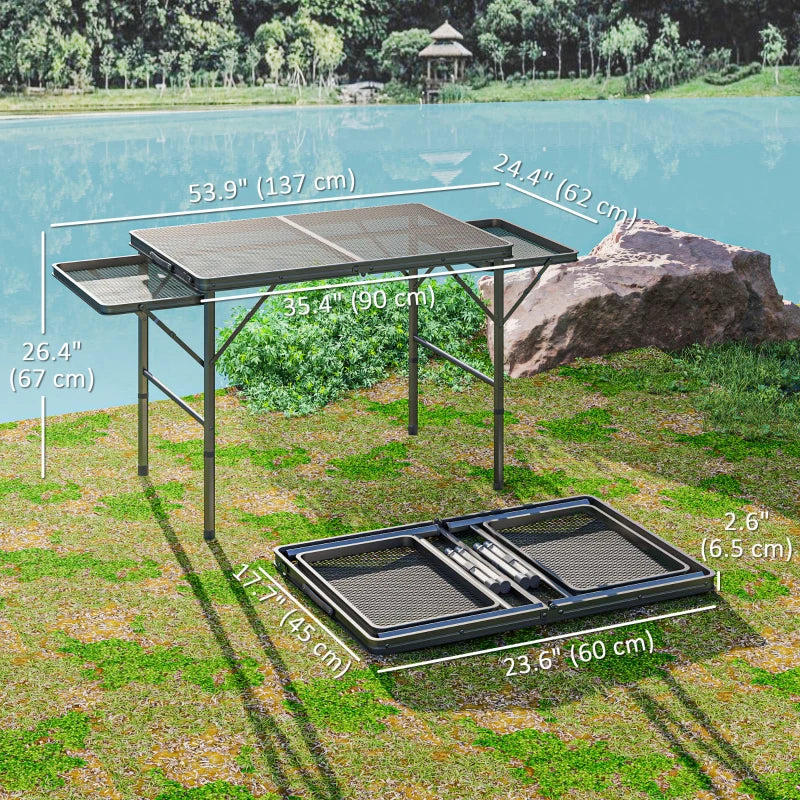 4.5ft Folding Grill Table, Height Adjustable Camping Table w/ Wing Panels, Metal Portable Picnic Table w/ Mesh Desktop