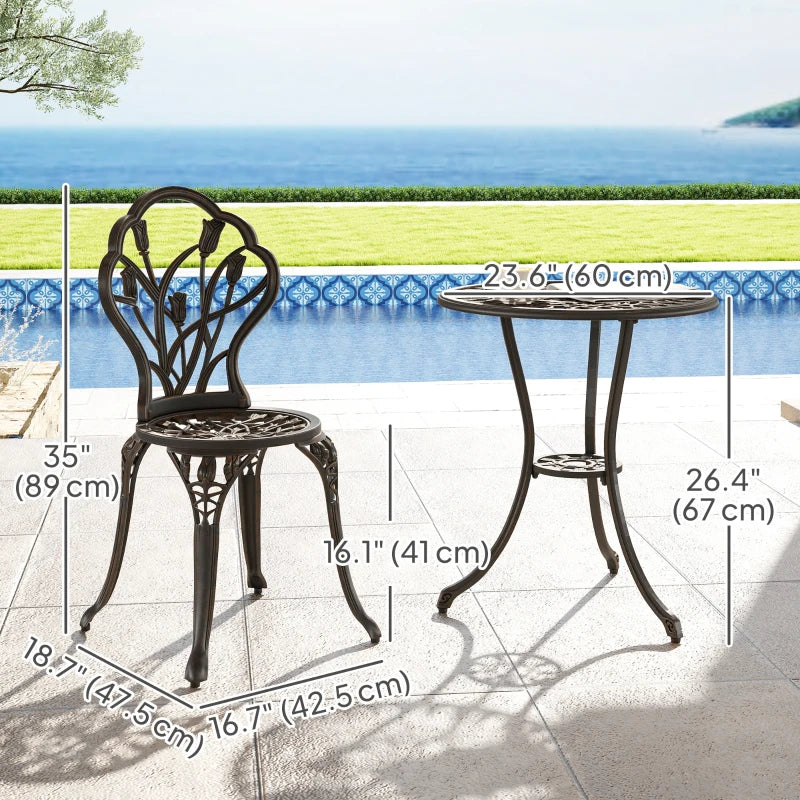 3PCs Patio Bistro Set, Outdoor Cast Aluminum Garden Table and Chairs with Umbrella Hole for Balcony, Bronze