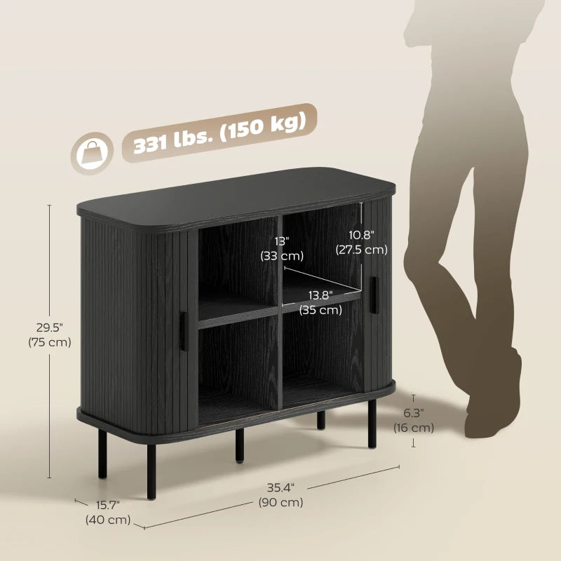 35.4" Sideboard Buffet Cabinet with Storage, Nordic Coffee Bar Cabinet with Slatted Tambour Doors and Metal Legs, Black