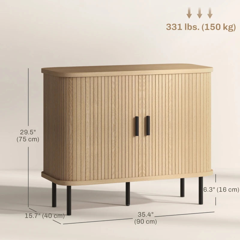 35.4" Sideboard Buffet Cabinet with Storage, Nordic Coffee Bar Cabinet with Slatted Tambour Doors and Metal Legs, Oak