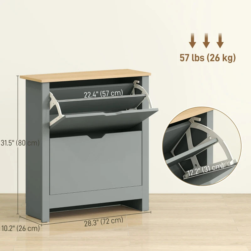 Shoe Storage Cabinet with 2 Flip Drawers and Adjustable Shelves for 12 Pairs of Shoes, Light Grey