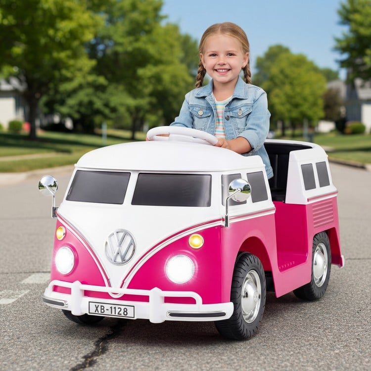 12V Ride On Car Licensed Volkswagen Ride-on Bus with Cup Holder and LED Headlights for 3+ Years Old-Pink