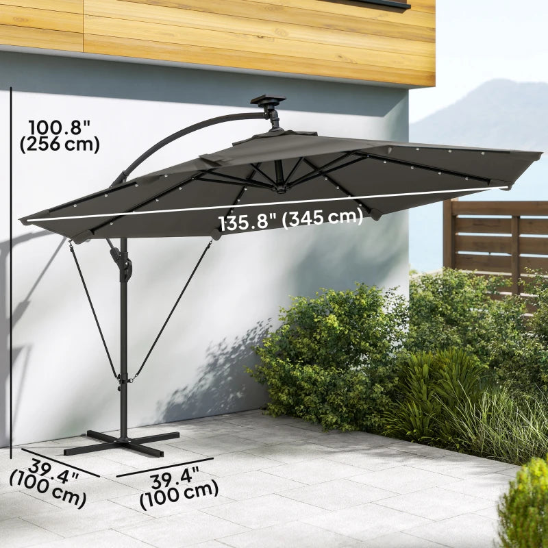11.3 ft Cantilever Patio Umbrella with Light, Cover, Aluminium UPF50+ Offset Outdoor Umbrella Parasol, Dark Grey