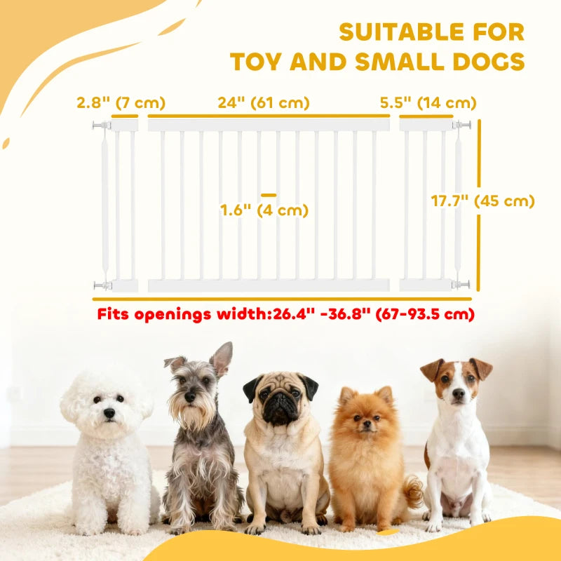 26"-37" Dog Gate, Adjustable Pet Gate, Fits 18" Tall with 2 Extension, Pressure Mount Kit for Stairs and Doorways, White