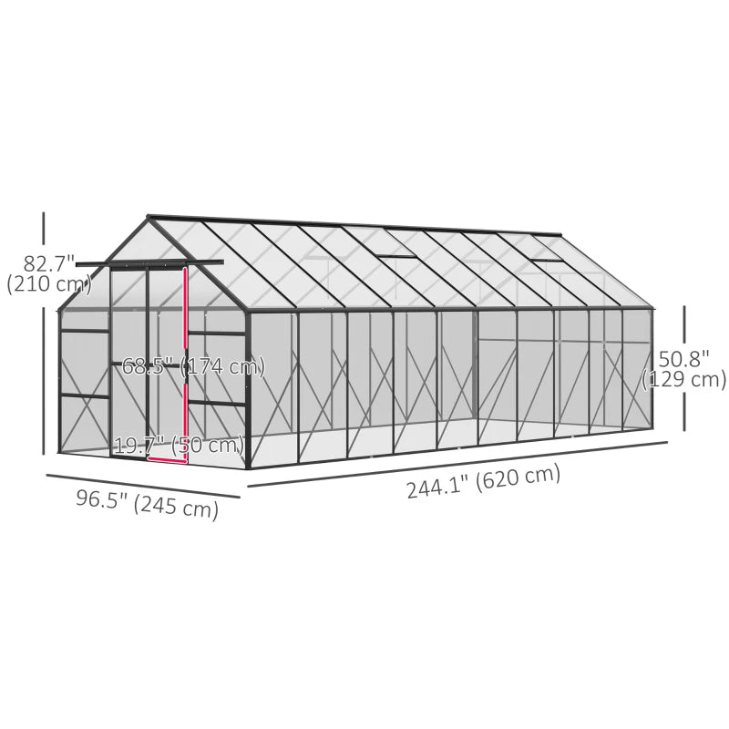 20' x 8' x 6.9' Walk-in Greenhouse with Adjustable Roof Vent, Rain Gutter and Sliding Door for Winter, Large Aluminum Greenhouse, Clear