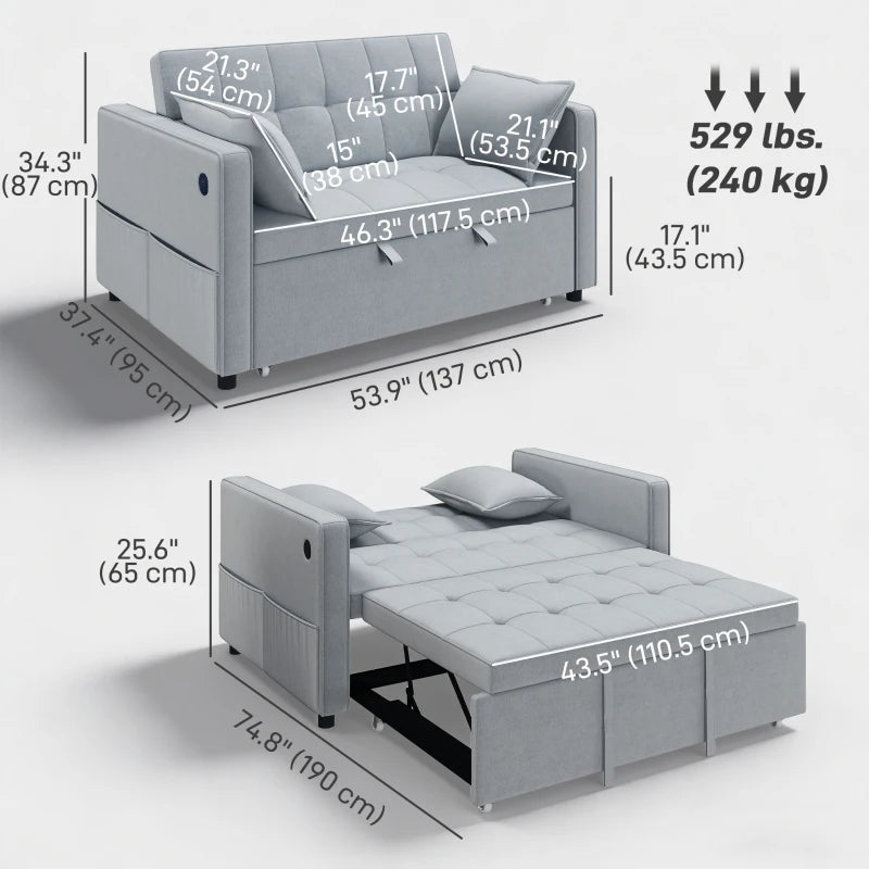 3‑in‑1 Convertible Sofa Bed, Pull Out Sleeper Sofa with USB Charging, Adjustable Backrest, Side Pockets, Light Grey