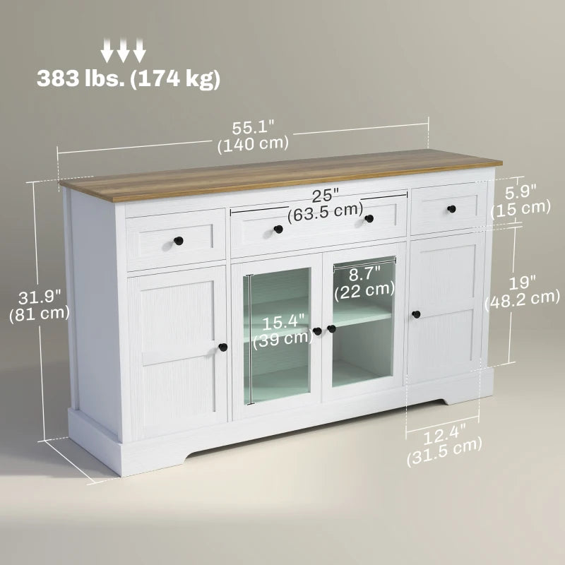 Sideboard Buffet Cabinet with Storage, Coffee Bar Cabinet with Glass Doors and Adjustable Shelves, Distressed White