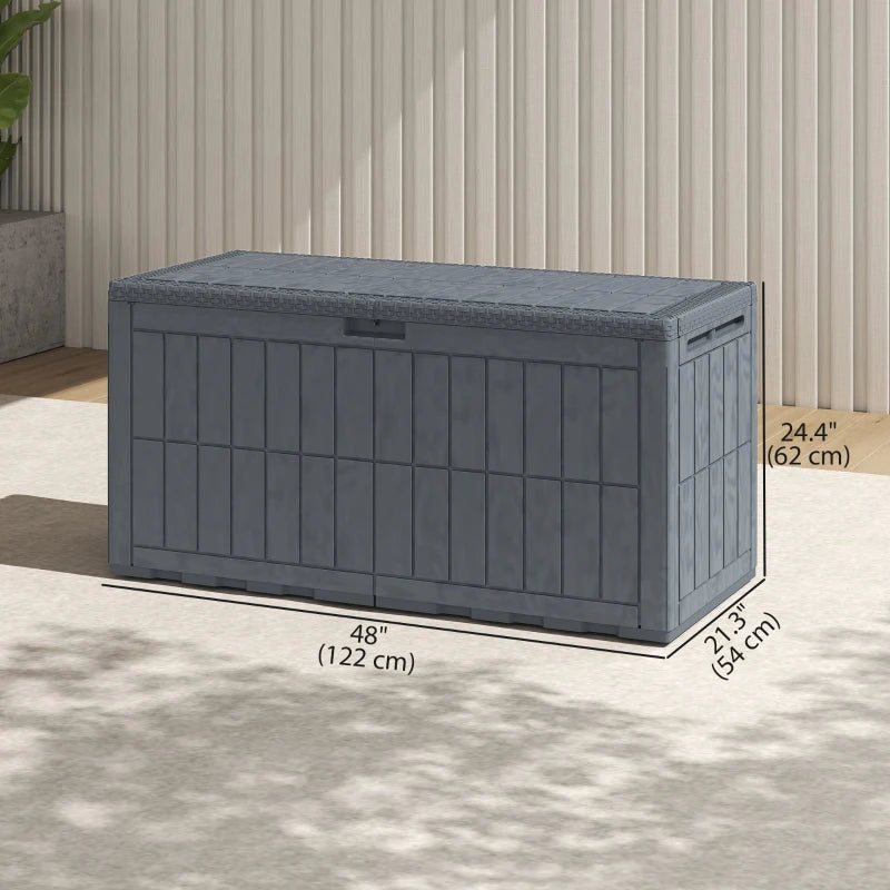100 Gallon Resin Deck Box, Waterproof Lockable Outdoor Storage Box with Pneumatic Gas Rods, Side Handles