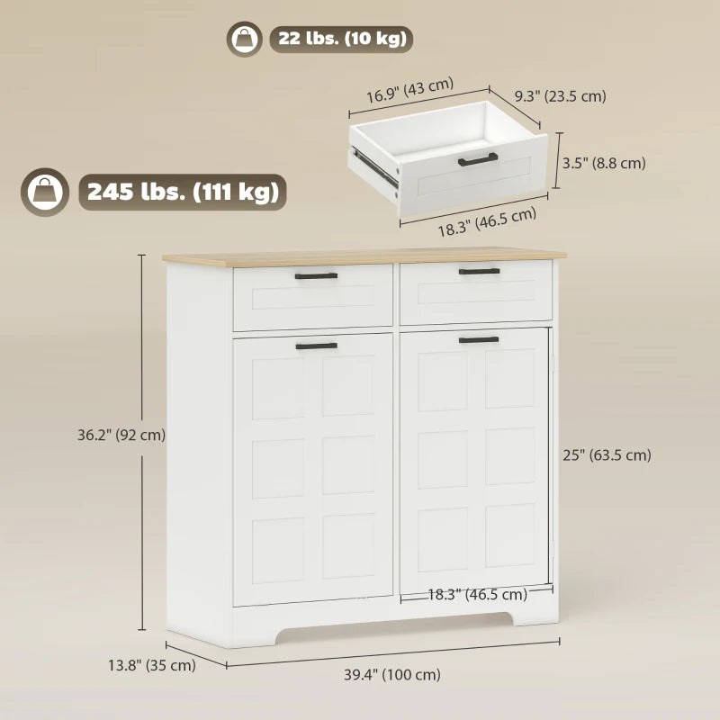 7 Gallon Tilt Out Garbage Cabinet, Kitchen Island with Trash Cabinet, 2 Drawers, Door Racks, Adjustable Shelves, White