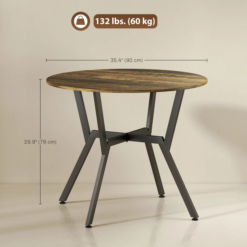 35" Round Dining Table, Modern Dining Room Table with Steel Frame, Space Saving Small Kitchen Table, Rustic Brown
