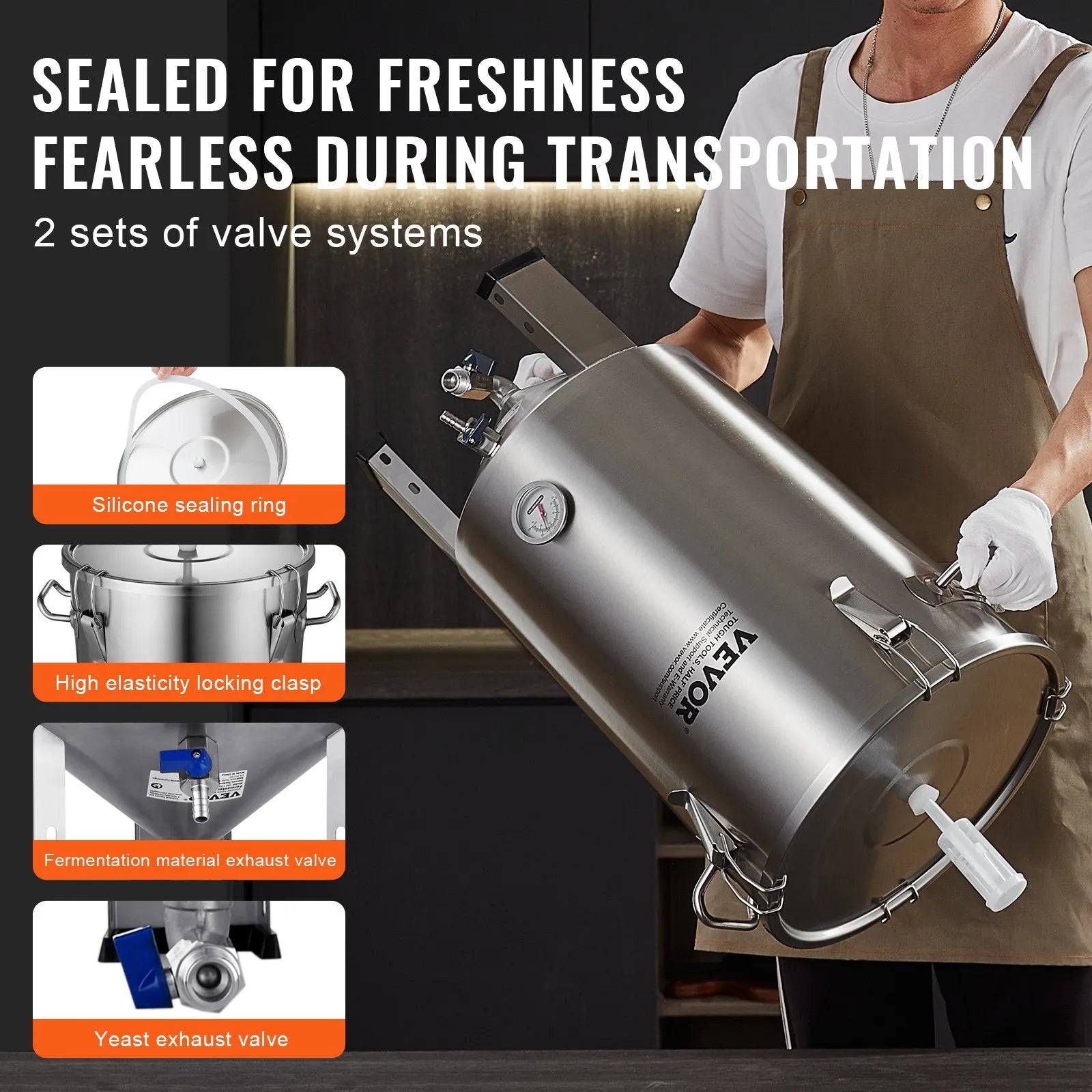 VEVOR 304 Stainless Steel Kettle, 8 GALLON Beer Brew Fermentor, Brew Bucket Fermentor for Brewing, Home Brewing Supplies with Base, Kettle Stock Pot Includes Lid, Handle, Valve, Spigot, Thermometer