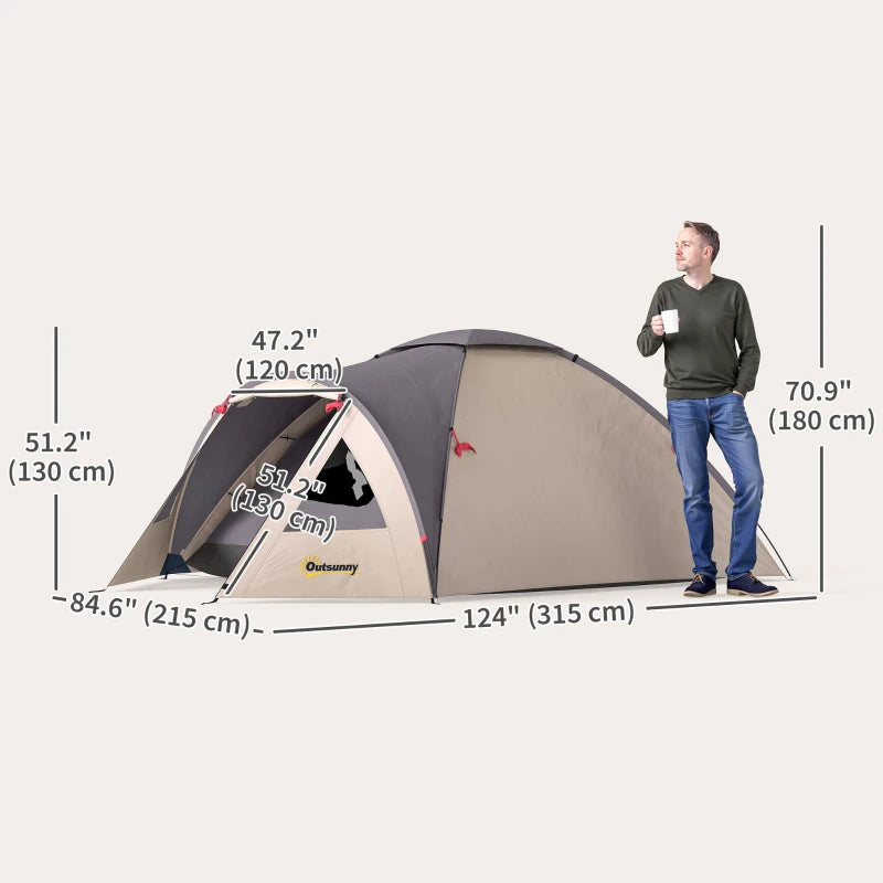 2 Person Camping Tent, Waterproof Family Dome Tent with Bedroom, Porch, Sewn-in Groundsheet and Hook, Khaki
