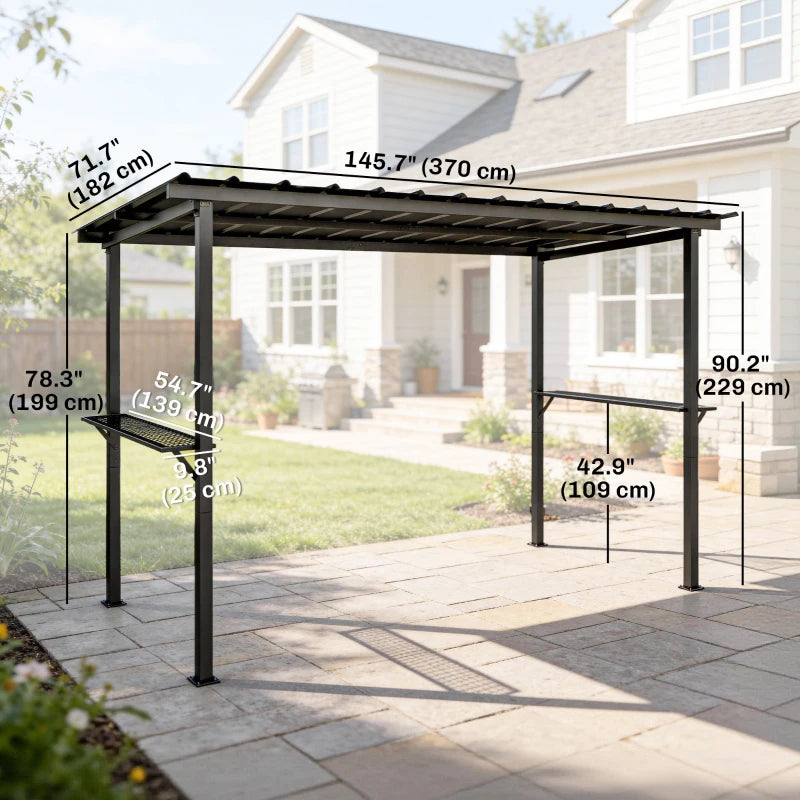 12' x 6' Hardtop Grill Gazebo, BBQ Gazebo with 2 Side Shelves and Galvanized Metal Slope Roof, Black
