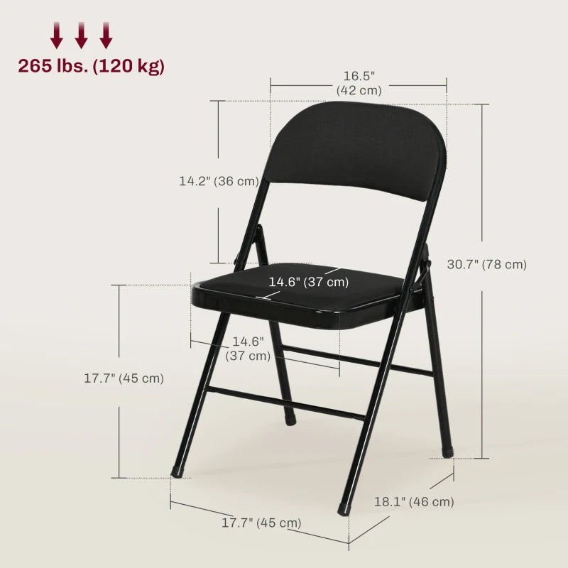 Set of 4 Metal Foldable Chairs, Linen Fabric Padded Folding Chairs with Cushion Seat and Open Back for Indoor, Black