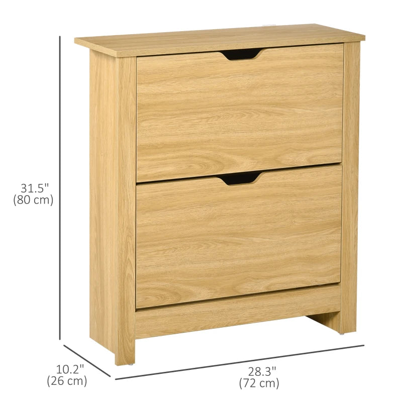 Shoe Storage Cabinet with 2 Flip Drawers and Adjustable Shelves for 12 Pairs of Shoes, Natural Wood