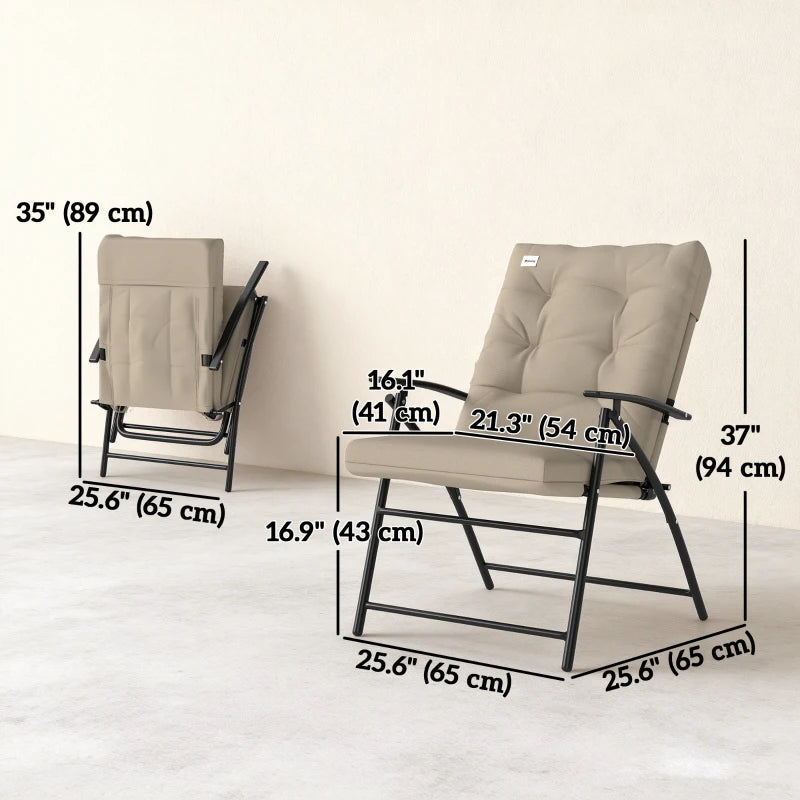 Set of 2 Outdoor Folding Chairs with Adjustable Backrest, Padded Camping Chairs for Outdoor Events, Khaki