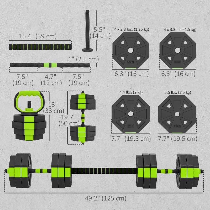 Soozier 6-in-1 Adjustable Dumbbell Set, Used as Kettlebell, Barbell, Dumbbell, Push-Up Stand, 66lbs Free Weights Set, Green