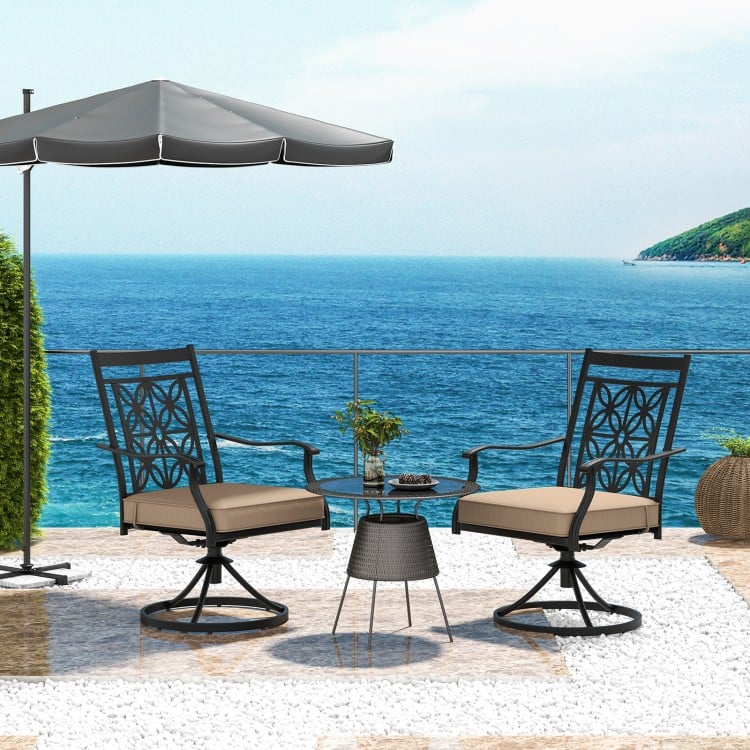 2 Pieces Patio Swivel Dining Chairs with Blossom Pattern Backrest and Cushions-Black